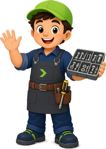 ShopJimmy mascot holding a tray of sorted hardware